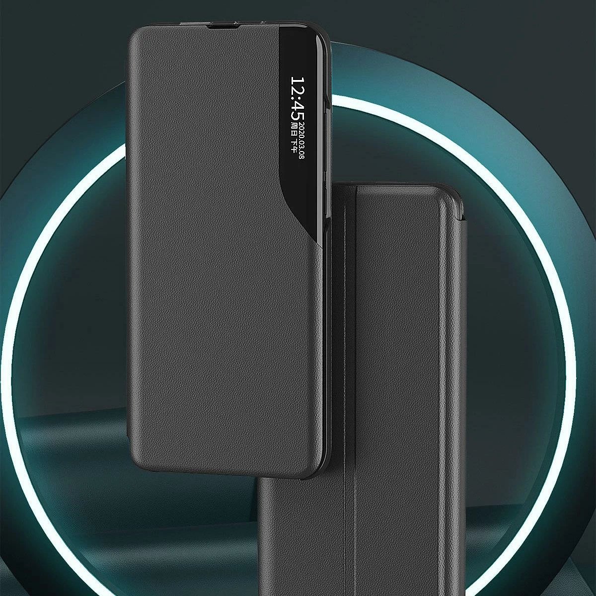 Mbështjellës Hurtel Eco Leather View Case për Samsung Galaxy A73, me kapak dhe mbajtëse, Blu