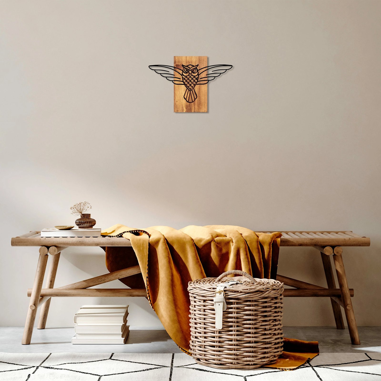 Aksesor dekorativ për mur, dru dhe metal, dizajn buf, Wallity, 38x3x25cm