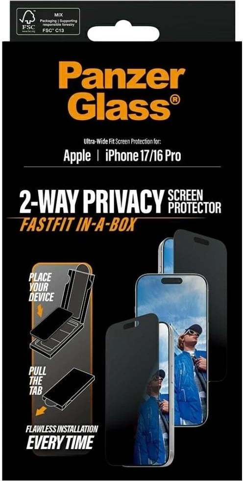 Mbështjellës xhami privatësie PanzerGlass Ultra-Wide Fit Fastfit për iPhone 16 Pro/17, zi