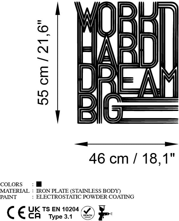 Aksesor dekorativ metalik për mur, Work Hard Dream Big, ngjyrë e zezë, 46x55cm