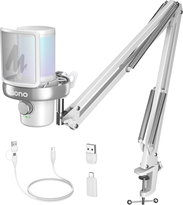 Mikrofon wireless Maono DM40 S Pro me boom arm, AI Voice Changer, RGB, i bardhë