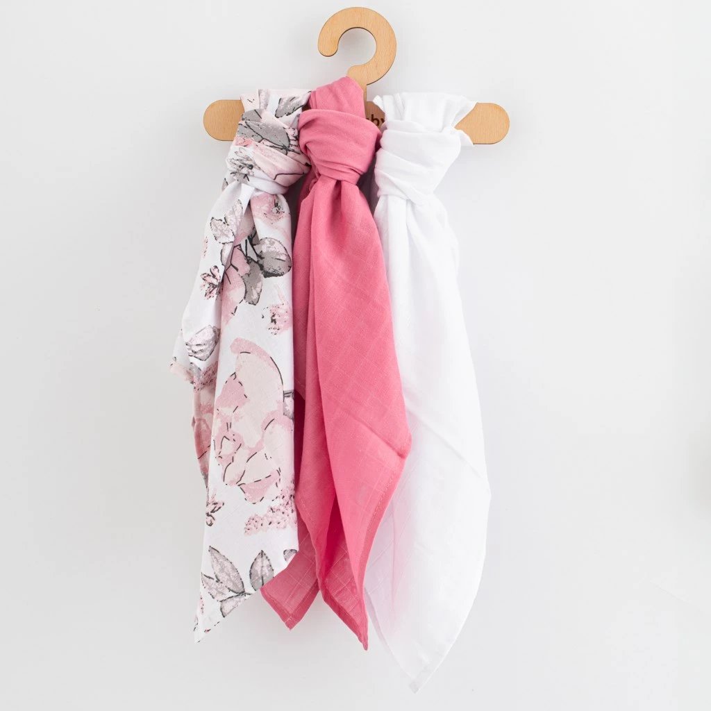 Pelenë muslini bebe, NEW BABY, 60x80 cm, 100% pambuk 110 g/m², set 3 copë, për vajza, ngjyrat sipas fotos