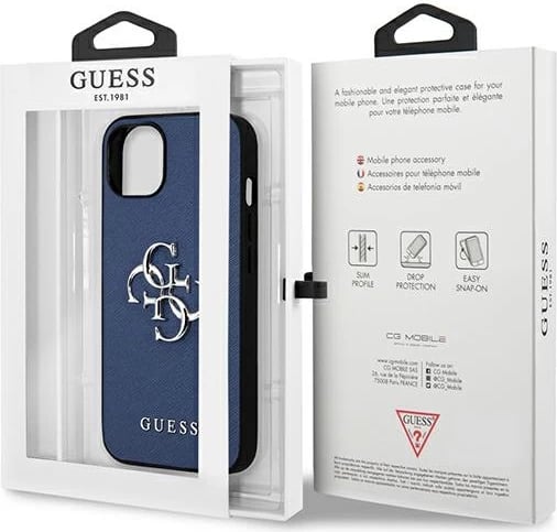 Mbështjellës Guess Saffiano 4G Metal Logo për iPhone 13 mini, Kaltër