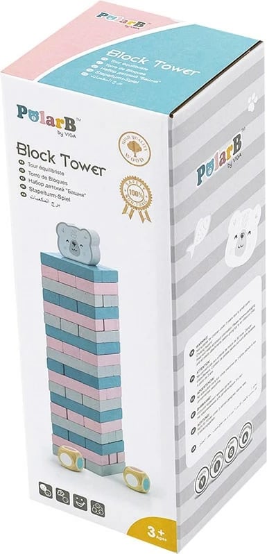 lojë kullë druri, Viga, Polar Bear, dru ahu, blloqe 54×11×18 mm, 3+, shumëngjyrëshe