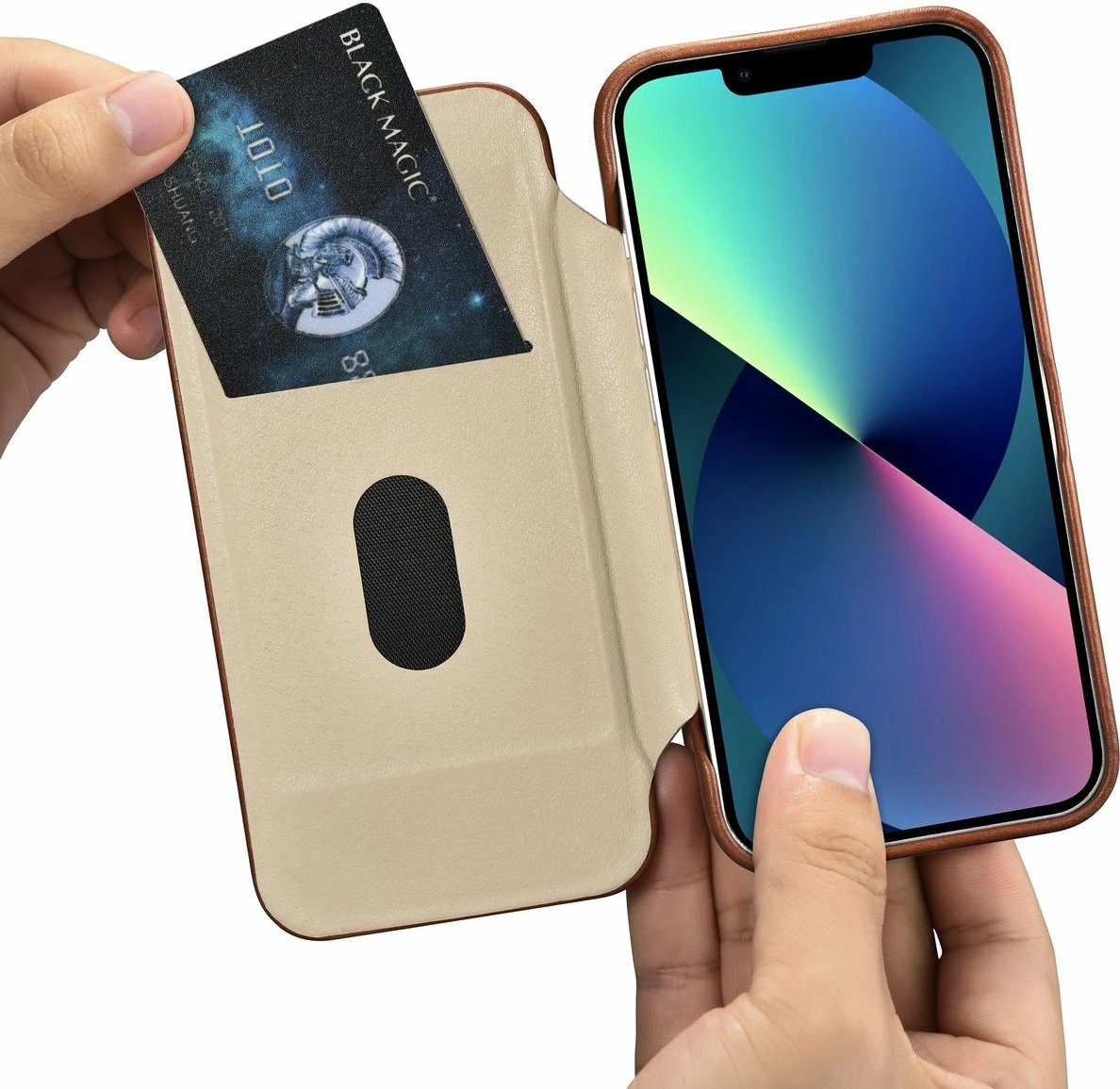 Mbështjellës iCarer Oil Wax Premium Leather Folio për iPhone 14 Plus, MagSafe, kafe