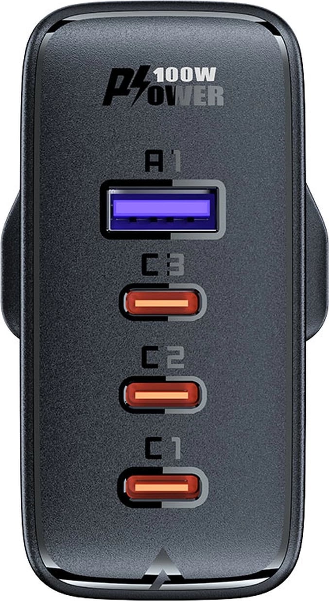 Karikues i shpejtë muri Acefast A40, 100W, 3x USB-C, 1x USB-A, GaN, me kabllo USB-C, UK plug, zi