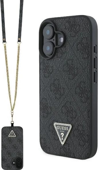 Mbështjellës Guess Crossbody 4G Metal Logo për iPhone 16, i zi, me rrip