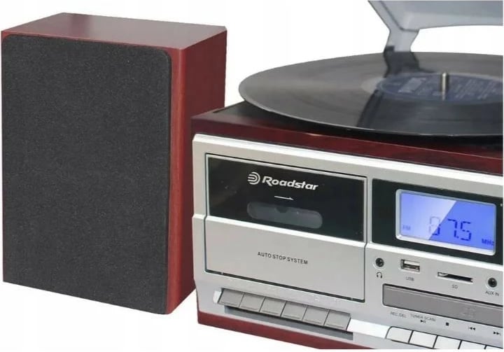 Gramafon Hi-Fi, Roadstar HIF-8892EBT, Bluetooth, CD/MP3, kasetofon, radio FM, USB/microSD, 33/45/78 RPM, Cherry, set me 2 altoparlantë
