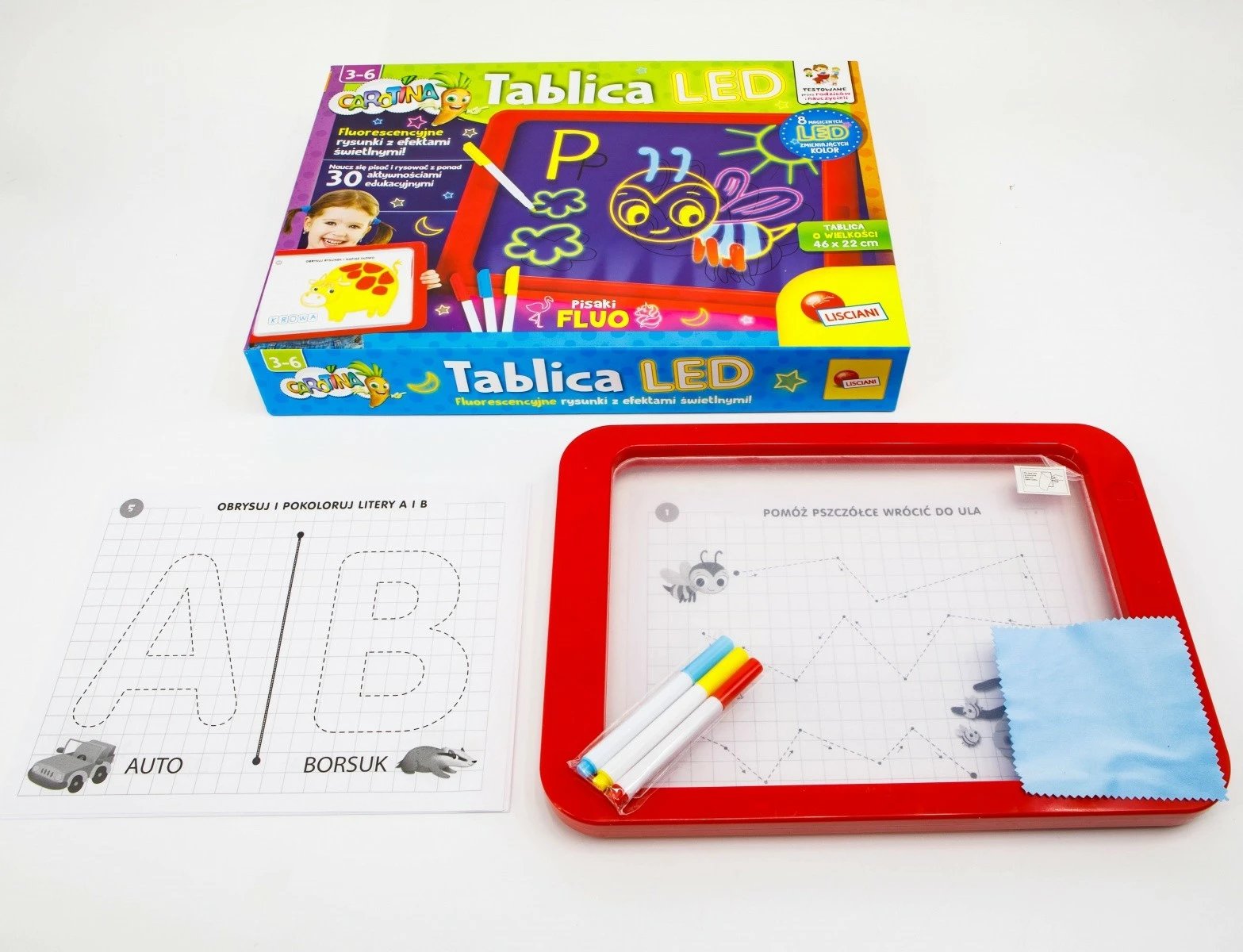 Tabelë LED Carotina Lisciani 46x22 cm me 3 markera fluoreshentë, set për fëmijë