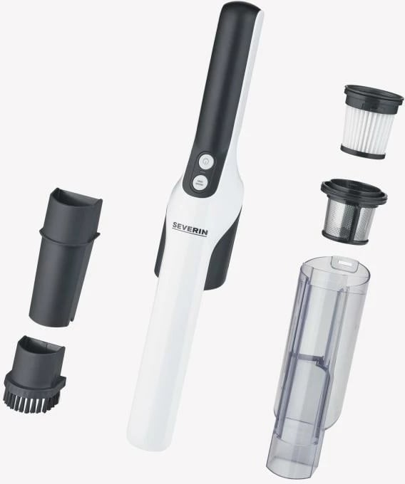 Fshesë dore pa kabllo, Severin HV 7140, motor digjital, deri 30 min autonomi, me grykë të ngushtë dhe furçë mobiljesh, bardh e zezë