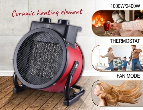 Ngrohës me ventilator qeramik, Camry CR 7743, 2400W, 2 nivele 1000/2400W, termostat, kënd fryrjeje vertikale 90°, i kuq