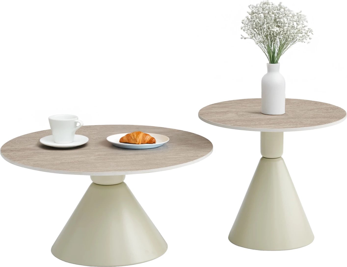 Set 2 tavolina kafeje JEN, metal ngjyrë shampanje, sipërfaqe qeramike travertin, FH18305.04, Φ50cm & Φ70cm