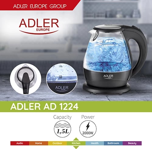 Çajnik elektrik xhami, Adler AD 1224, 1.5 L, 2200W, ndriçim LED, i zi