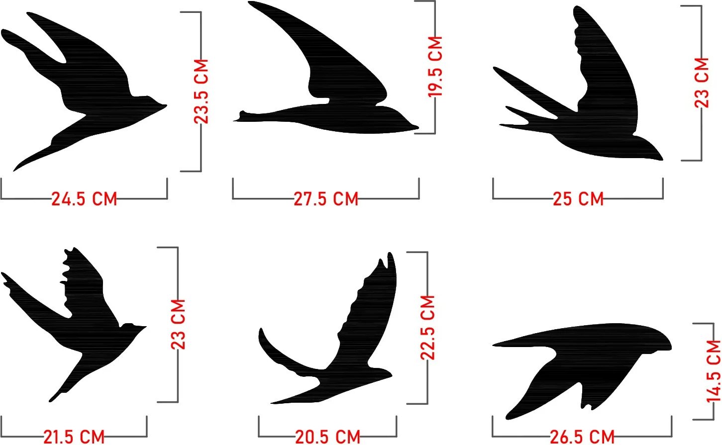 Aksesor dekorativ metalik për mur, zogj të zinj, set Umudo