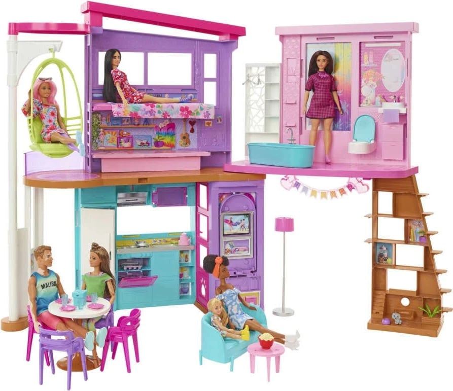 Shtëpi lodër Barbie Mattel Holiday House HCD50, me 2 kate, 6 zona loje, 30+ aksesorë, Rozë/Turquoise/Vjollcë