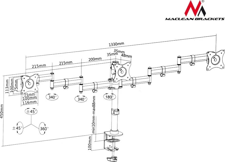 Mbajtës tavoline për 3 monitorë Maclean MC-691, 13"-27", ngjyrë e zezë