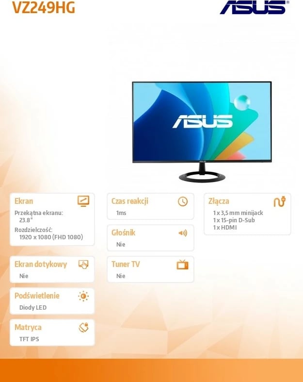 Monitor Asus VZ249HG 23.8" FHD IPS 120Hz 1ms Adaptive-Sync HDMI D-Sub i zi me kabllo HDMI