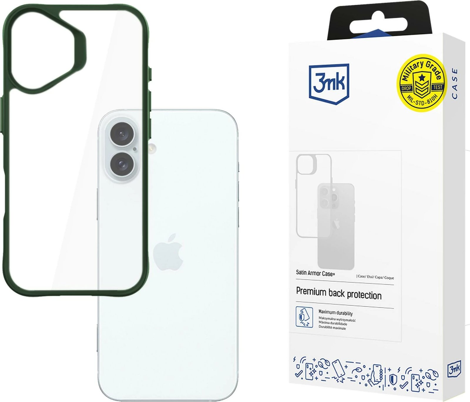 Mbështjellës 3mk Satin Armor Case+ për iPhone 16 Plus, Transparent me kornizë të gjelbër