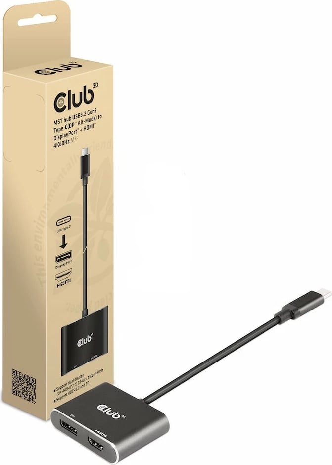 Adapter Club3D MST-Hub USB-C në DP/HDMI 4K60Hz, i zi
