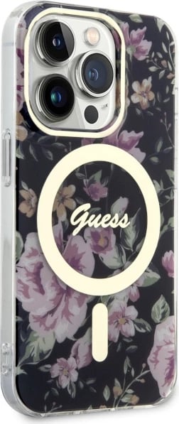 Mbështjellës Guess GUHMP14LHCFWSK për iPhone 14 Pro 6.1", Flower MagSafe, zi