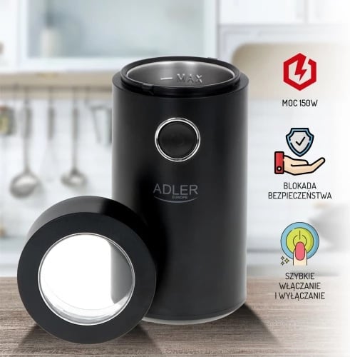 Mulli kafeje elektrik, Adler AD 4446, 150 W, kapacitet 75 g, kapak transparent, i zi/argjendtë