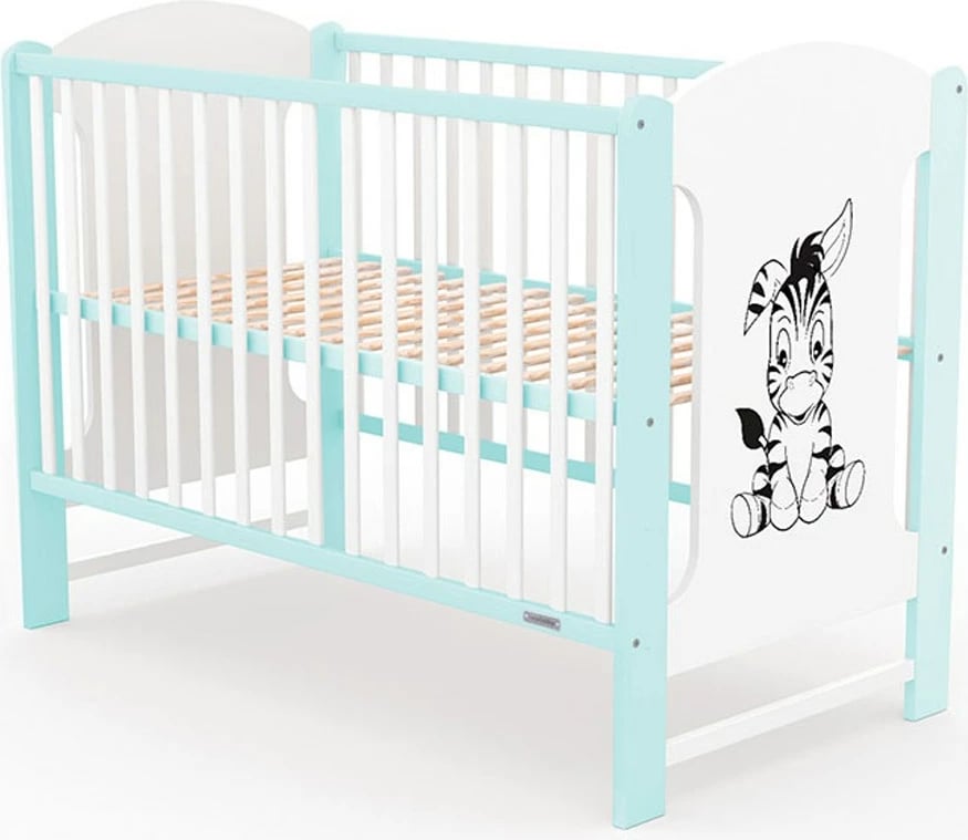 krevat bebe, New Baby, ELSA Zebra, 120x60 cm, dru pishe, 3 nivele, 3 shufra të heqshme, bardhë dhe mint