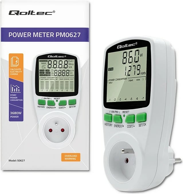 Matës i konsumit të energjisë Qoltec PM0627, 3680W, 16A, LCD, Bardhë