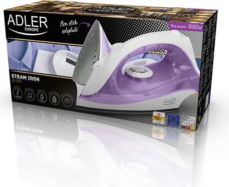 Hekur, Adler AD5019, 1600 W, taban non-stick, depo ujit 100 ml, avull 10 g/min, spërkatje 0.5 g/shot, priza E/F, vjollcë
