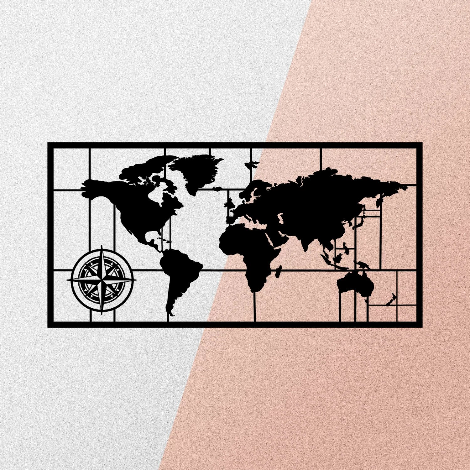 Aksesori dekorativ metalik për mur, hartë bote, Wallity, 121x60cm, e zezë