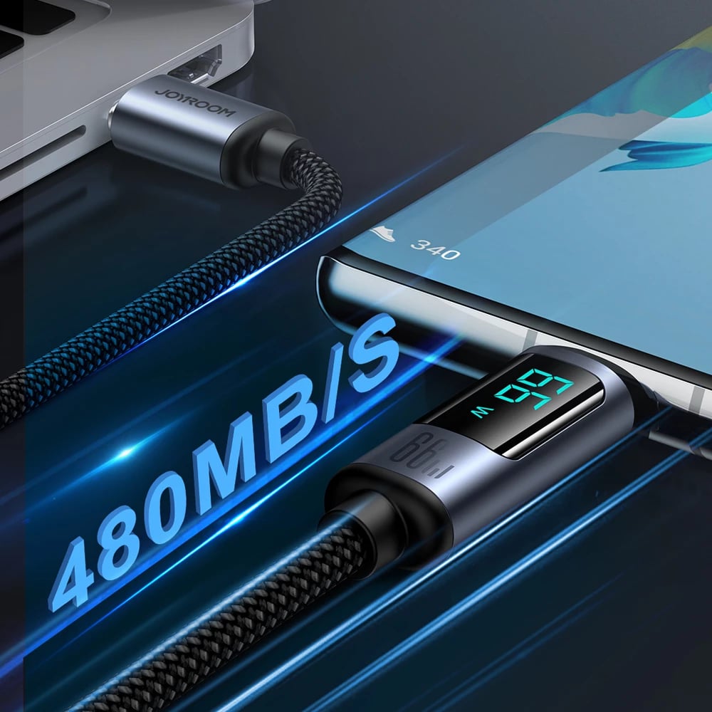 Kabllo Joyroom Prism Series A16, USB-C / USB-A, 1.2m, 66W, me ekran LED, e zezë