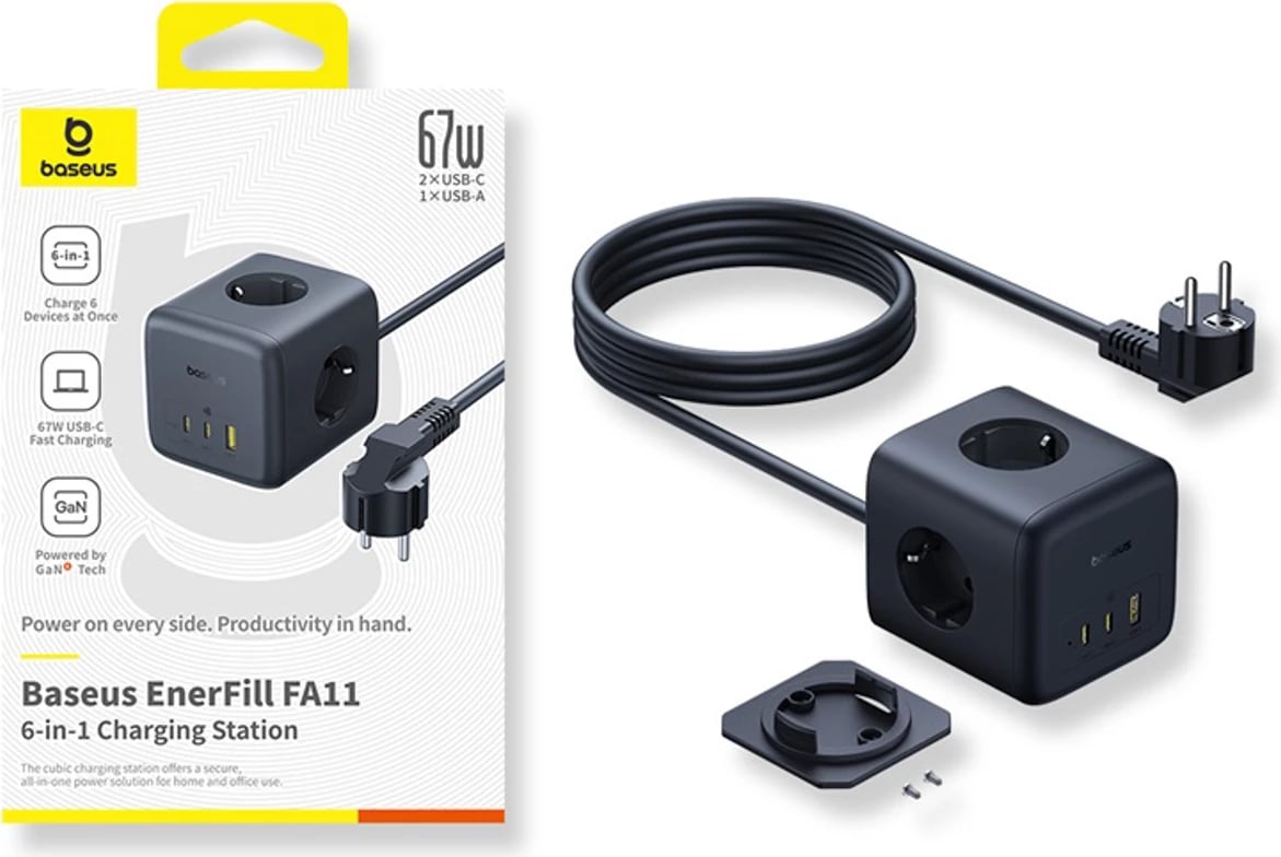 Prizë shumëfunksionale Baseus EnerFill FA11, 67W, 3x prizë EU + USB-A/USB-C, 1.5m, e zezë