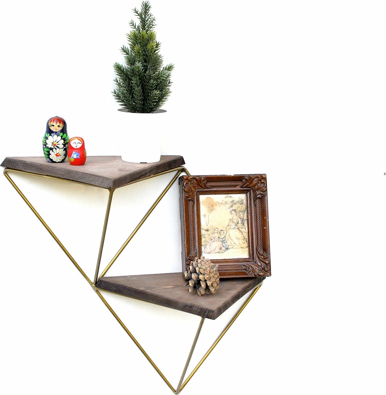 Raft dekorativ prej druri për mur, ngjyrë arre dhe ari, Hanah Home, Wr075