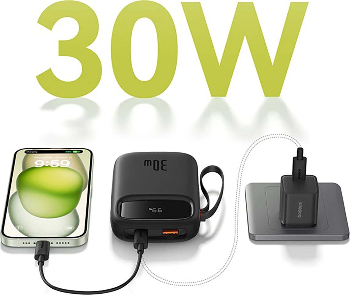 Powerbank Baseus QPow 2, 10000mAh, 30W, me kabllo USB-C të integruar, Ekran LED, e zezë Powerbank Baseus QPow 2, 10000mAh, 30W, me kabllo USB-C të integruar, Ekran LED, e zezë