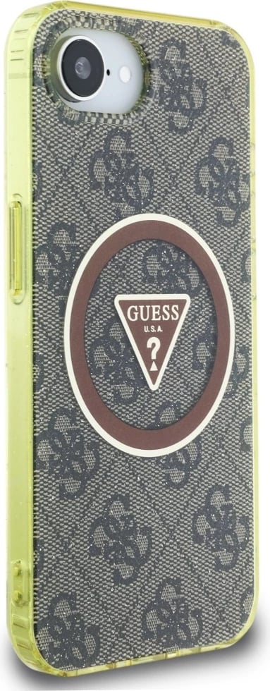 Mbështjellës Guess IML Metal Glitter 4G Circle Triangle MagSafe për iPhone 16e, Kafe