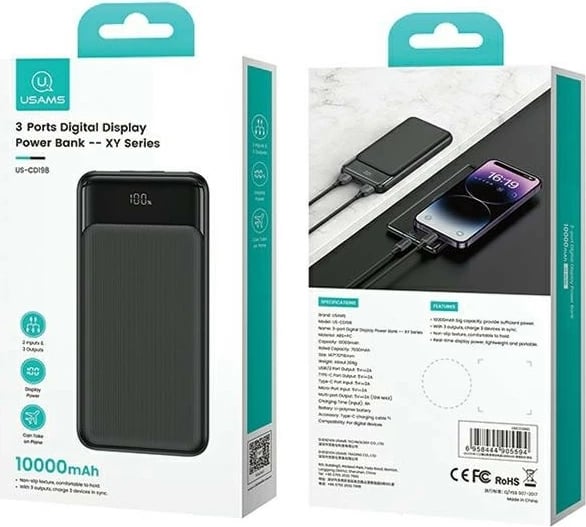 Powerbank USAMS US-CD198 10000mAh, 1xUSB-C, 2xUSB-A, Ekran dixhital, Zi