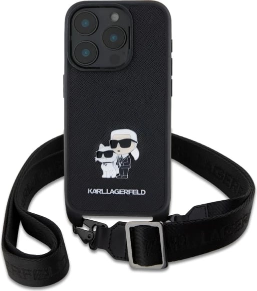 Mbështjellës Karl Lagerfeld Saffiano Karl&Choupette me rrip, për iPhone 16 Pro, i zi