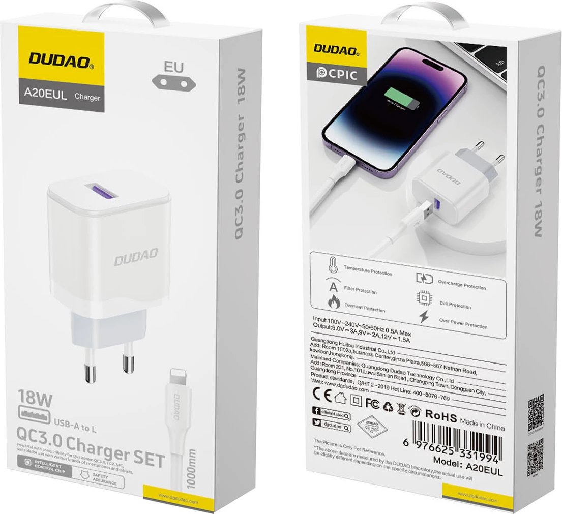 Karikues rrjeti Dudao A20EU me kabllo USB-A në Lightning, 18W, Bardhë Karikues rrjeti Dudao A20EU me kabllo USB-A në Lightning, 18W, Bardhë