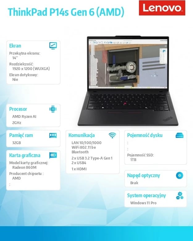 Laptop Lenovo ThinkPad P14s Gen 6 (AMD), Ryzen AI 7 PRO 350, 32 GB RAM, 1 TB SSD, 14.0" WUXGA, E zezë
