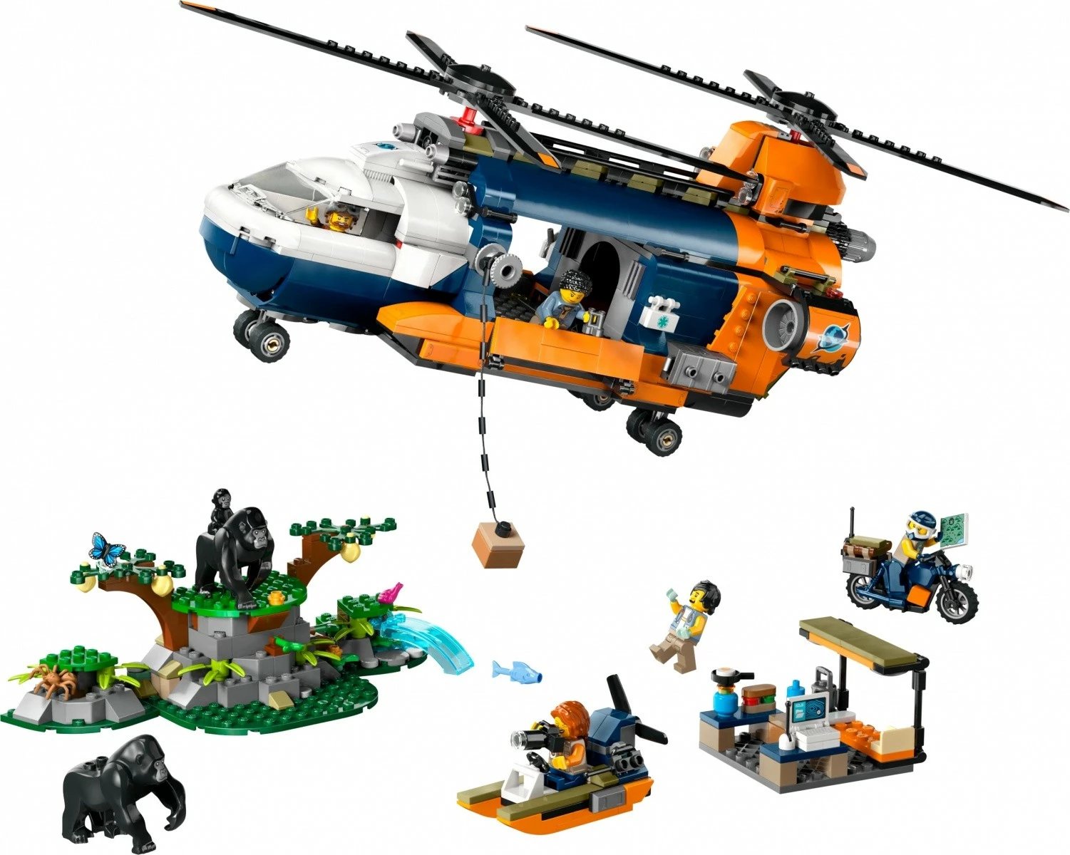 Set LEGO City Jungle Researcher Helicopter Base 60437, 881 pjesë, për fëmijë 8+, me helikopter, motor, hovercraft, 5 minifigura dhe 3 gorilla