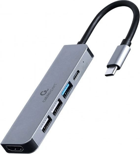 Adapter multiport USB-C Gembird A-CM-COMBO5-03, 5-në-1, HDMI, USB 3.1, USB 2.0, e zezë/argjendtë