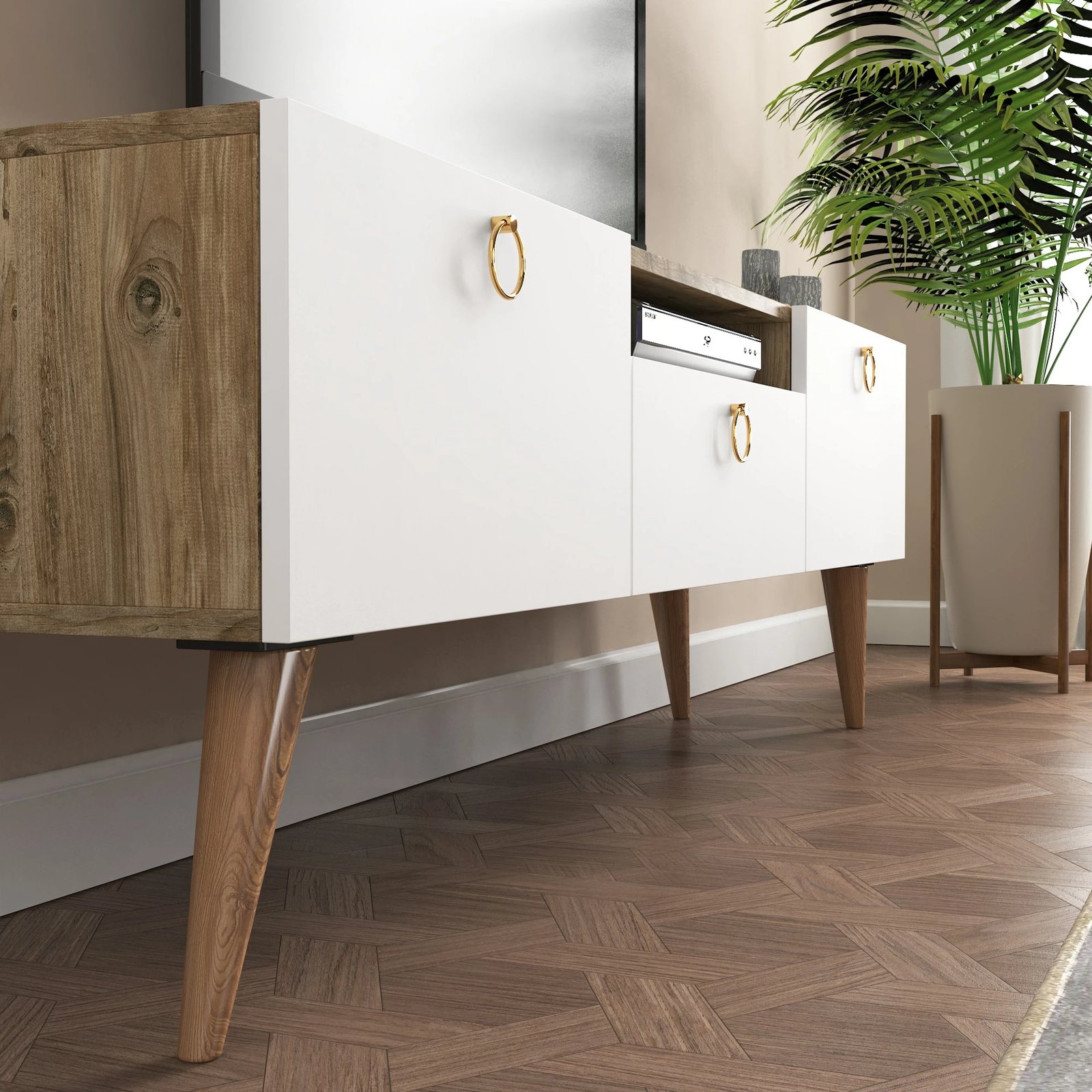 Komodë TV Skye Decor, ngjyrë lis dhe e bardhë, Ece