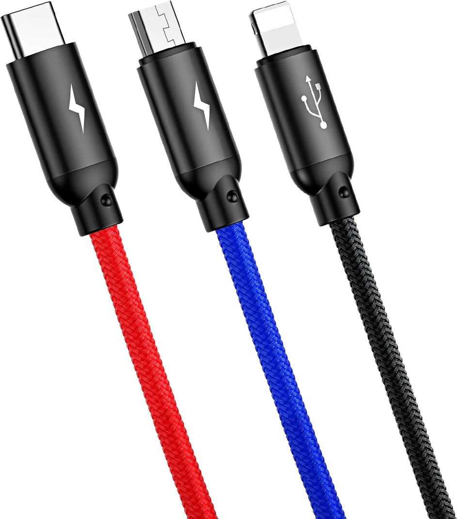 Kabllo 3-në-1 Baseus Three Primary Colors CAMLT-BSY01, 0.3m, USB-A në micro USB/Lightning/USB-C, e zezë, e kuqe, e kaltër