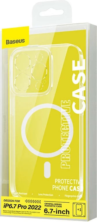 Mbështjellës magnetik Baseus Crystal me xham të temperuar për iPhone 14 Pro Max, transparent