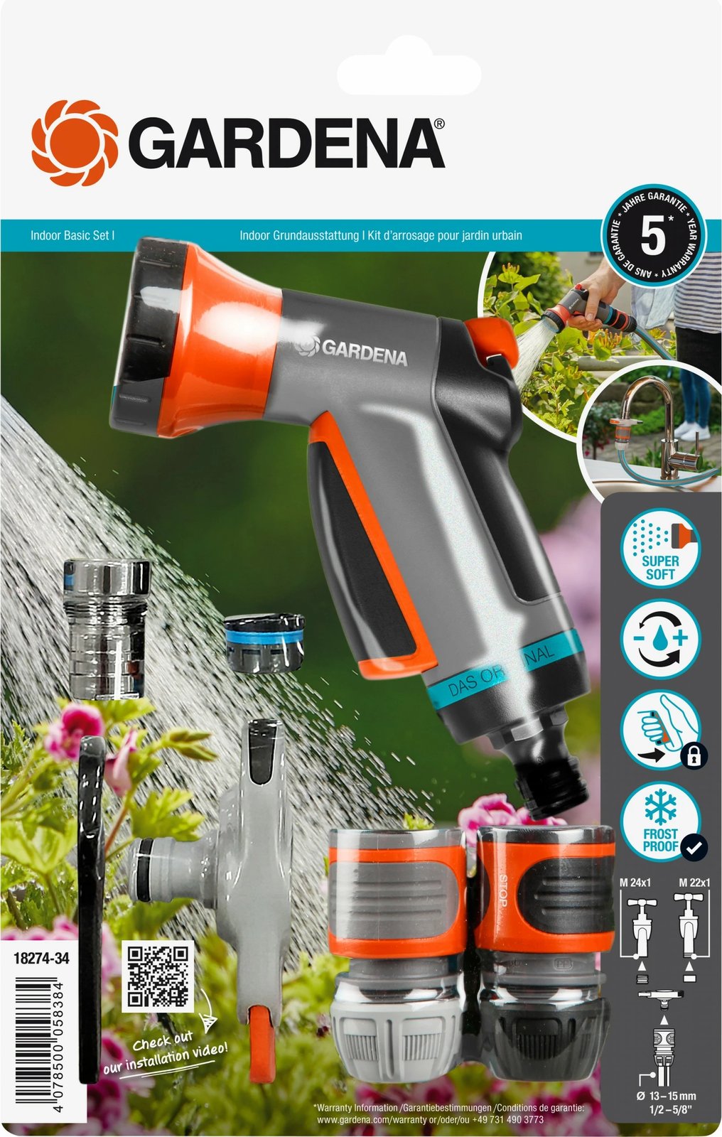 Pistoletë ujitëse GARDENA Indoor Grundausstattung, 1/2, 5/8", e zezë/gri/portokalli