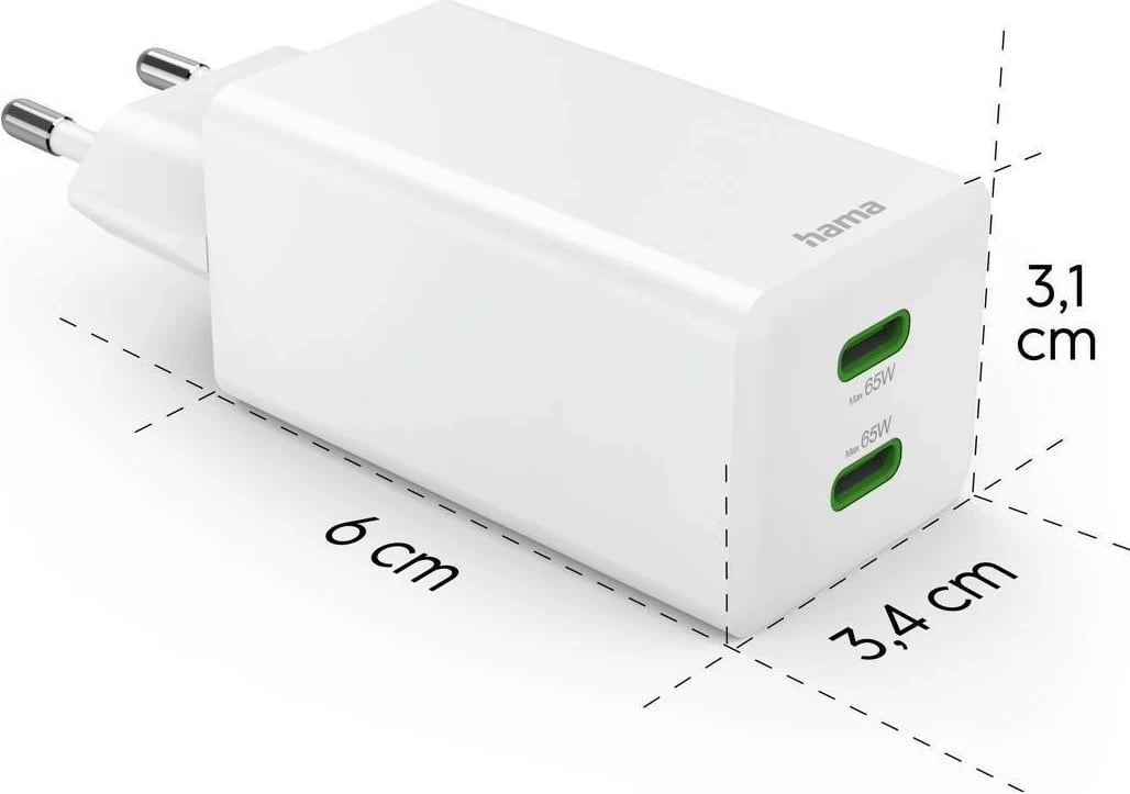 Karikues rrjeti Hama 65W GaN PD/QC 2x USB-C, bardhë