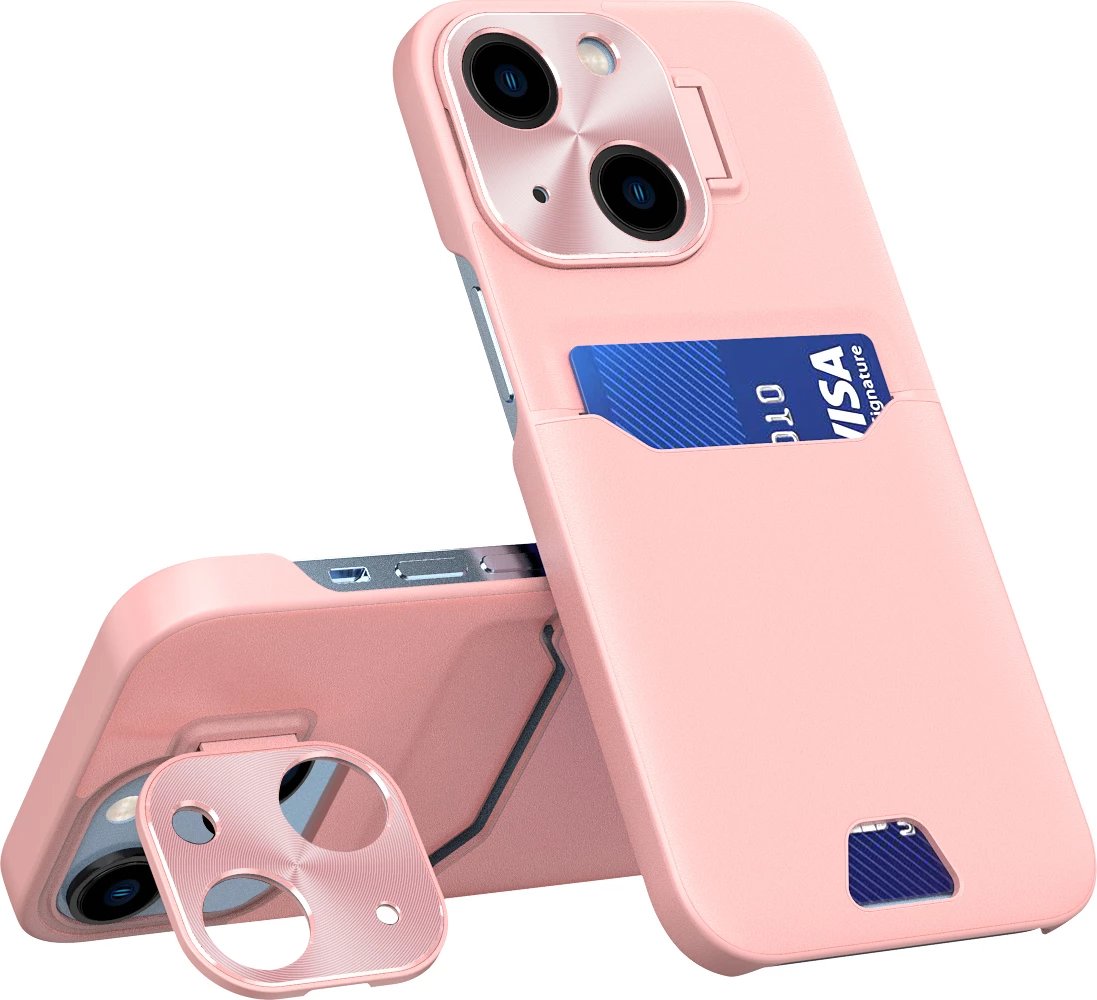 Mbështjellës Hurtel Leather Stand Case për iPhone 14, me xhep për kartela dhe mbajtëse, Rozë