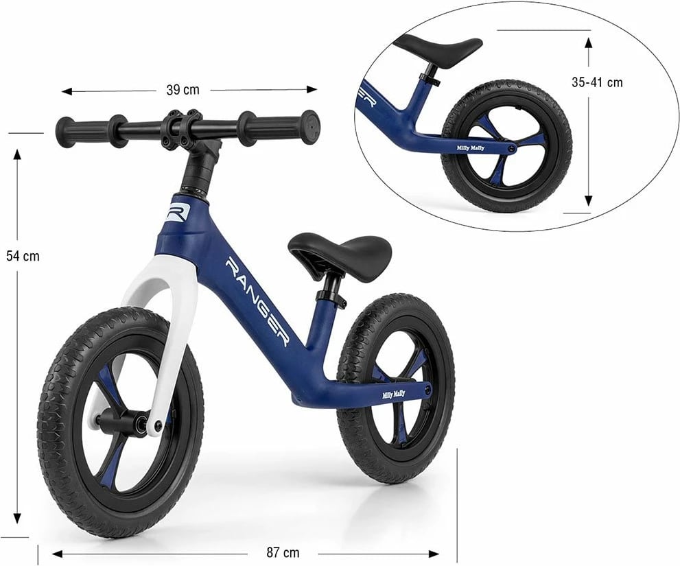 biçikletë balancuese për fëmijë, Milly Mally Ranger, 12" rrota EVA pa shpim, kornizë kompozite, sedilje e rregullueshme, navy