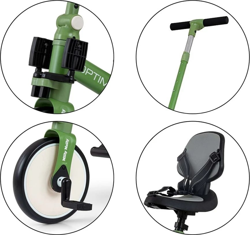 Tricikël & biçikletë balancuese 5‑në‑1 me dorezë prindi, Milly Mally Optimus Max, rrota shkumë, kornizë çeliku, 12M+, e gjelbër