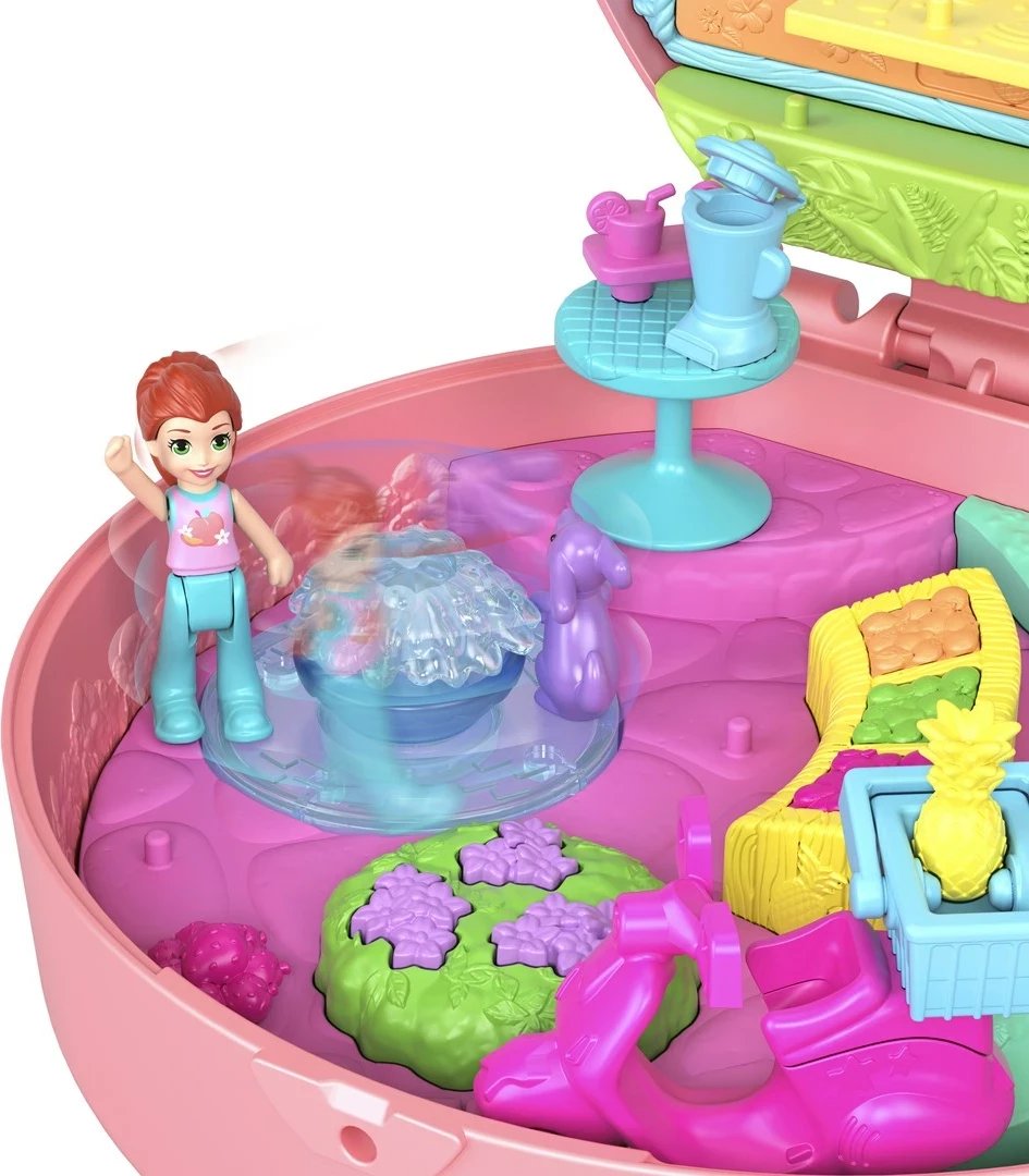 Set lodrash Polly Pocket Adventure Moped Compact me 2 kukulla të vogla dhe kafshë lodër, shumëngjyrëshe