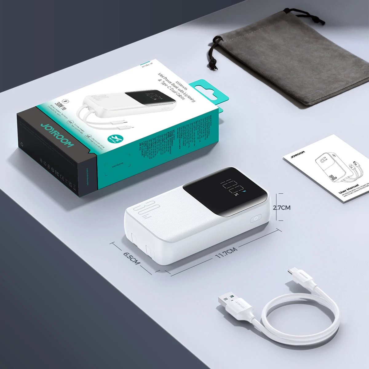 Powerbank Joyroom JR-PBC06, 10000mAh, 30W, me kabllo të integruara, Bardhë